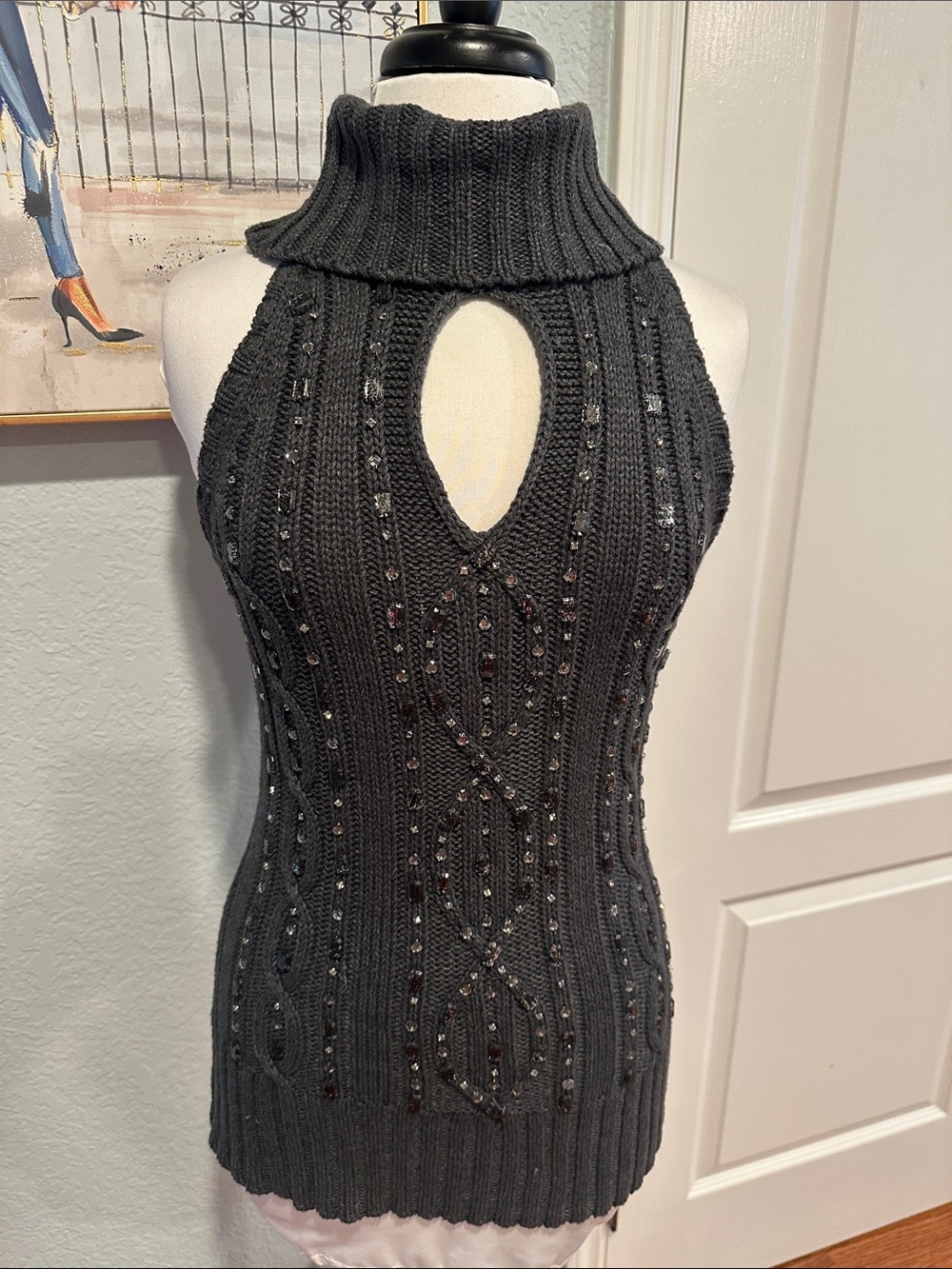 Cache Sz Medium VTG Black Ribbed Bling Sleeveless Turtleneck with Keyhole • NWT!
